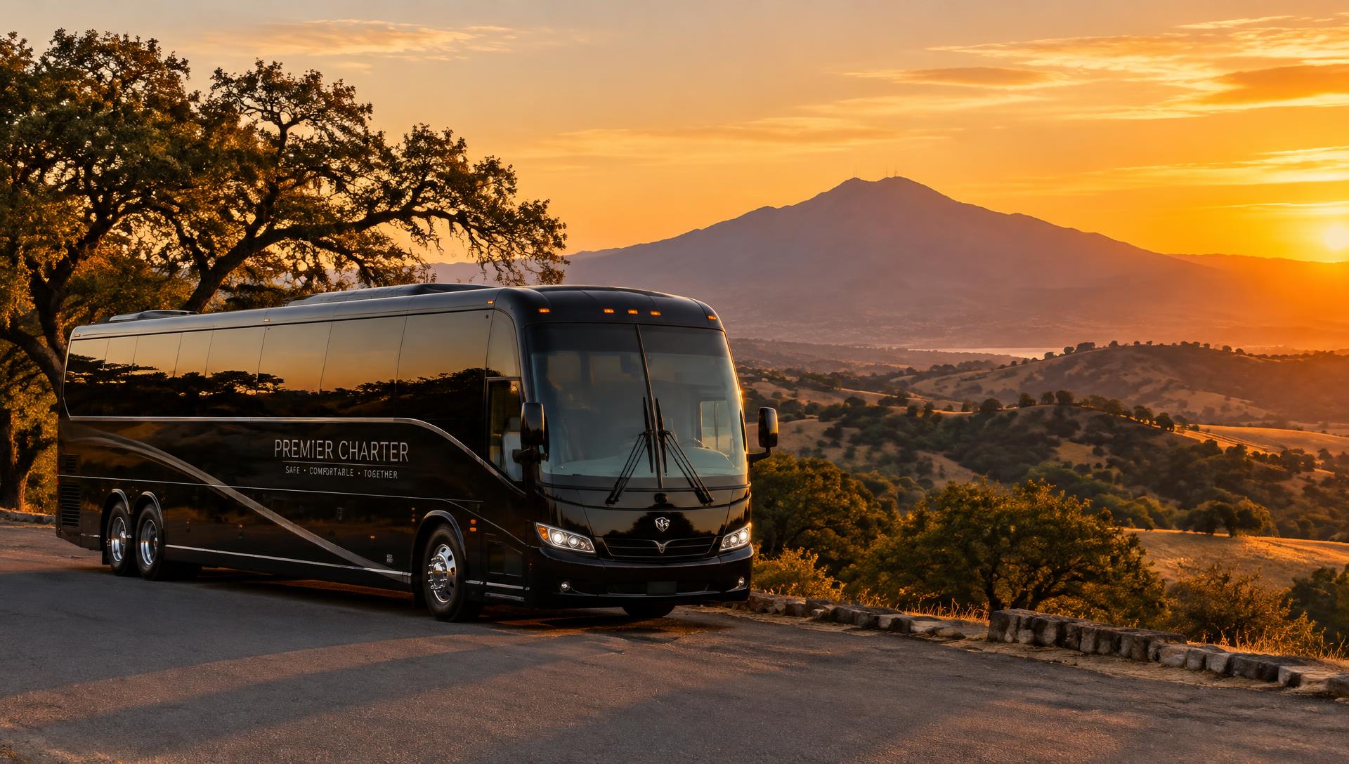 Premier Charter motorcoach at sunset with Mount Diablo in the background, Concord CA